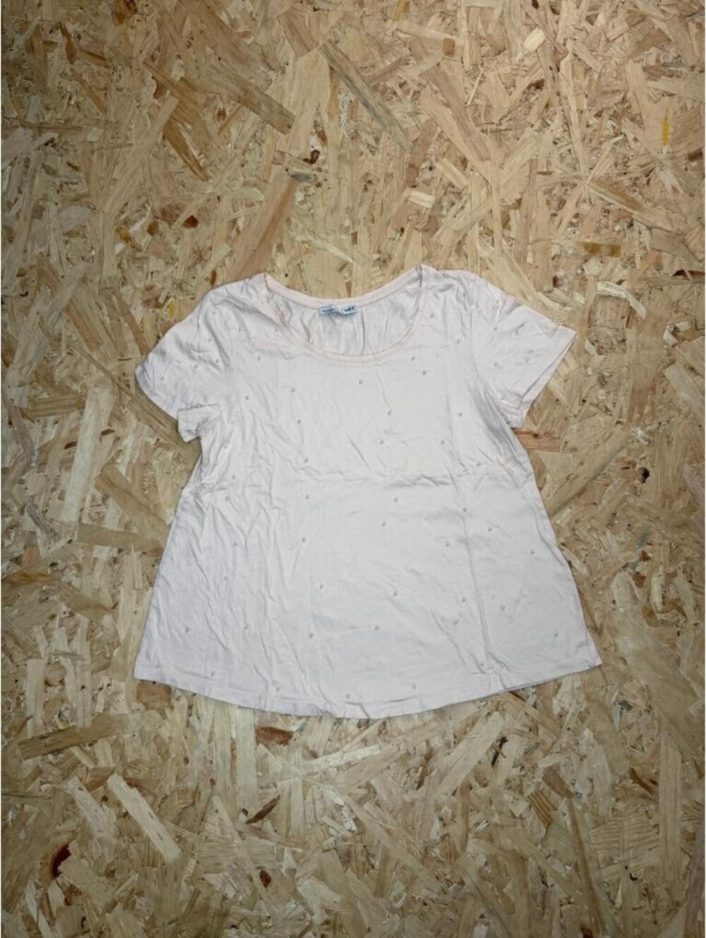 Zara Womens T-Shirt Small Pink Pearl Beaded Short Sleeve Crew Neck Top Cotton